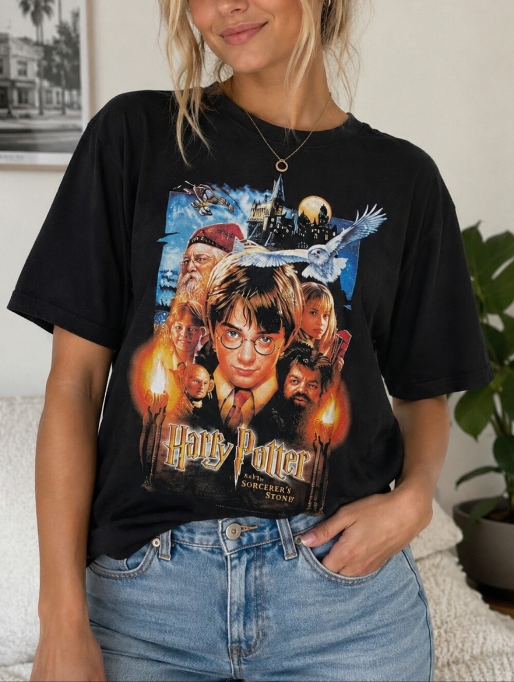 Harry Potter Black Graphic Tee Cotton Blend Hogwarts Movie Shirt Casual